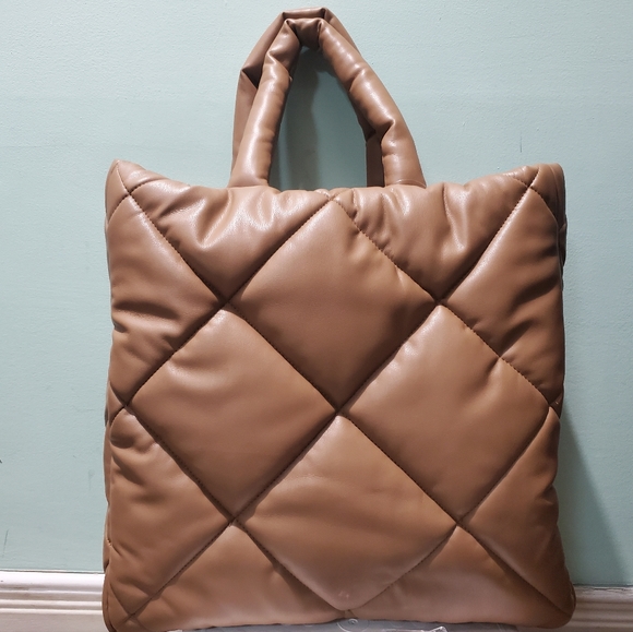 NWT STAND STUDIO Assante Diamond Taupe Brown Faux Leather Quilted Tote Bag - Picture 4 of 11